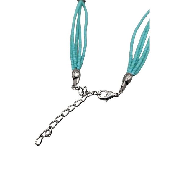 Faux Turquoise Large Pendant Necklace Runway Style Silver Tone 21" Beaded Chain - Picture 15 of 16
